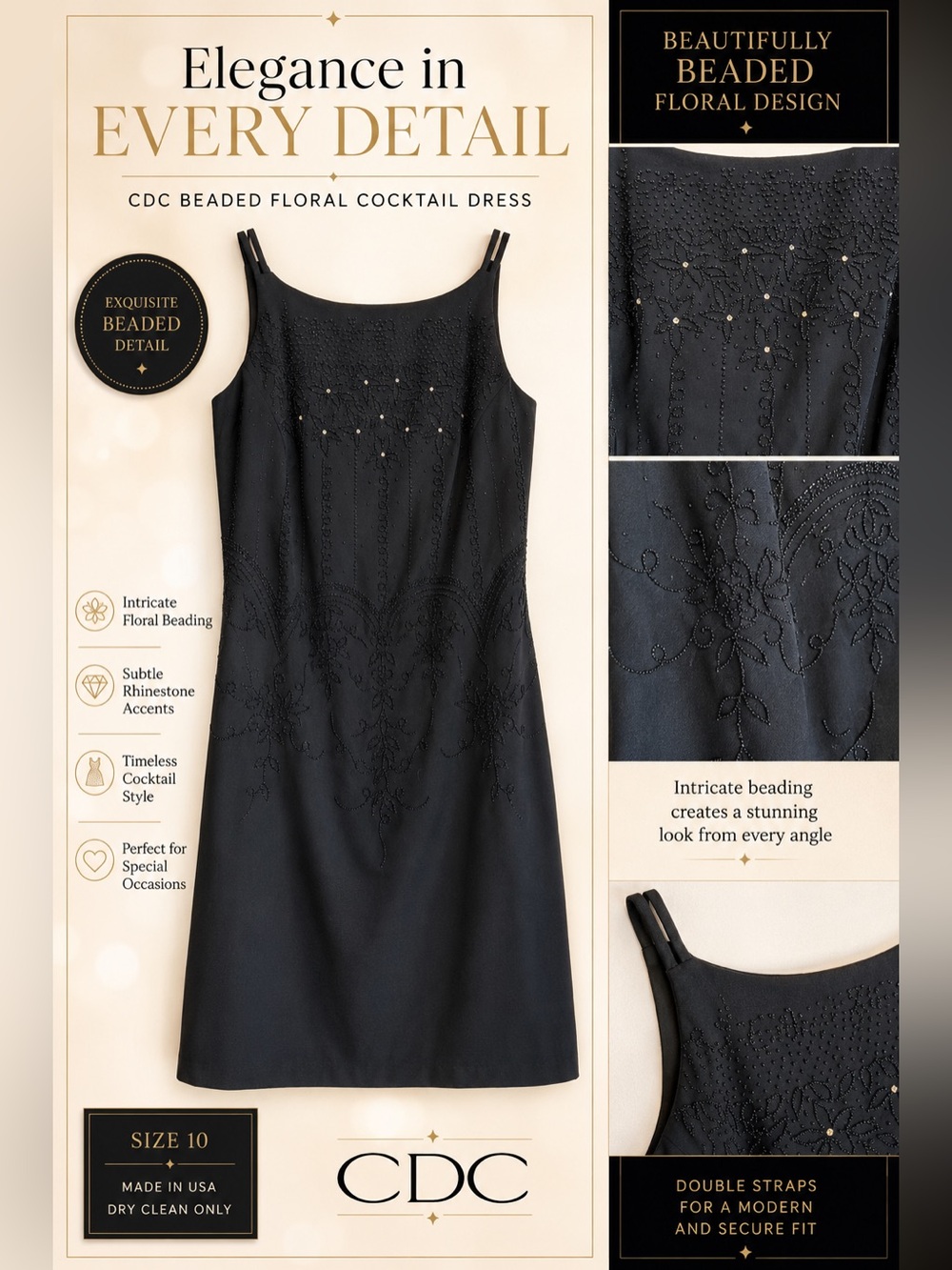 CDC Black Beaded Cocktail Dress Size 10
